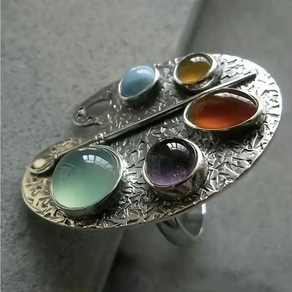 No Brand Jewelry - Rainbow Gemstone Painter Palette Design Womens Colorful Casual Adjustable Ring